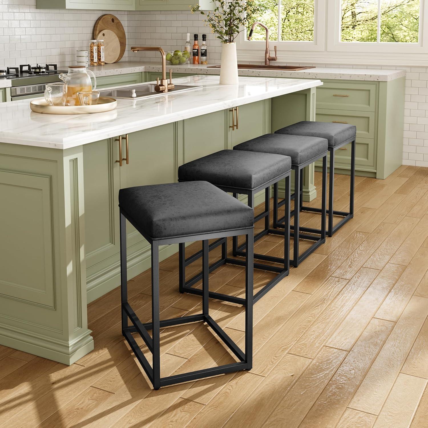 Lorelia Set of 2 Black 24 Inch Backless Counter Bar Stools Faux Leather Seat for Kitchen