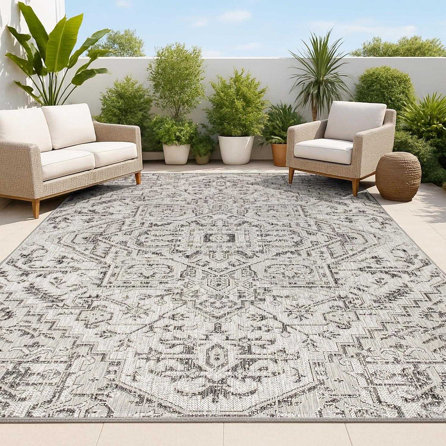 3'x5' Estrella Bohemian Medallion Textured Weave Indoor/Outdoor Area Rug, Black/Gray - JONATHAN Y