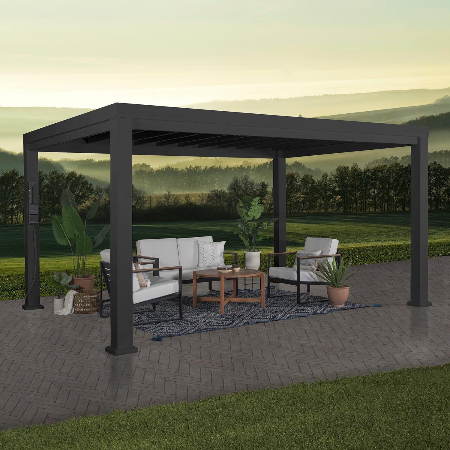 Backyard Discovery Backyard Discovery Windham 14' x 10' Modern Galvanized Steel Outdoor Patio Pergola Kit with Shade Sail Canopy and PowerPort
