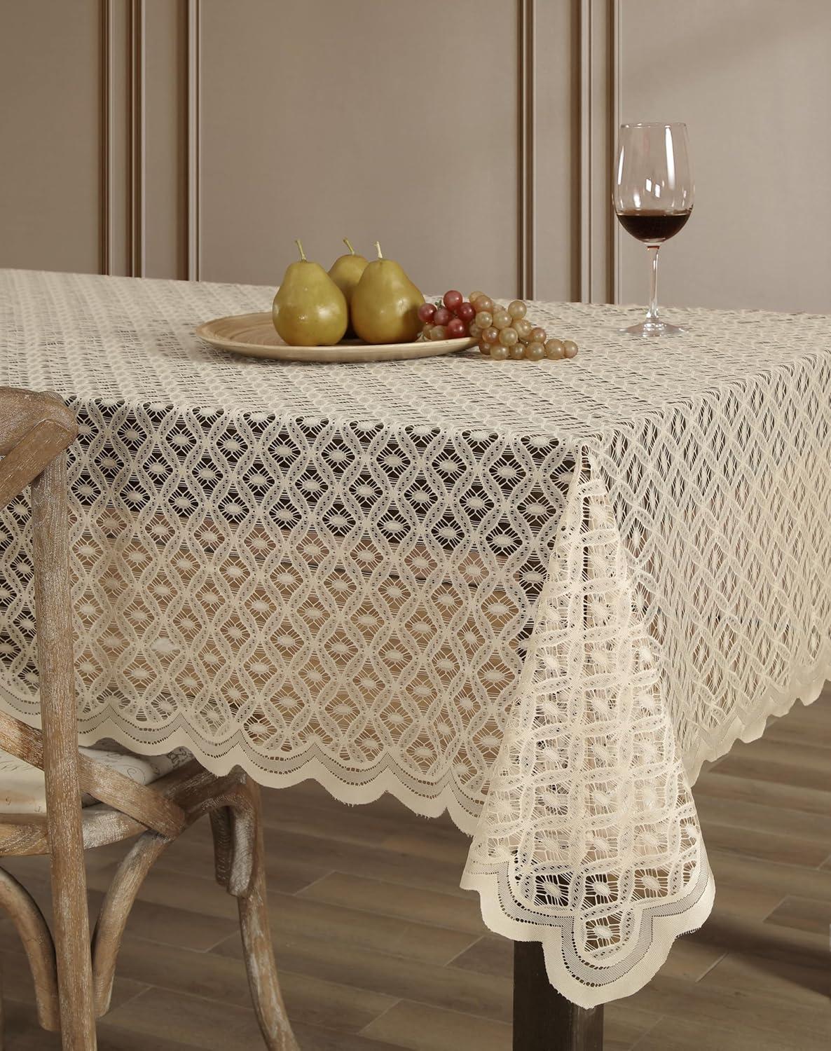 HLC.ME Alona Lace Fabric Table Cloth for Rectangle Tables, Wrinkle Resistant, Patterned Scalloped Tablecloth - Linen, 60 W x 84 L