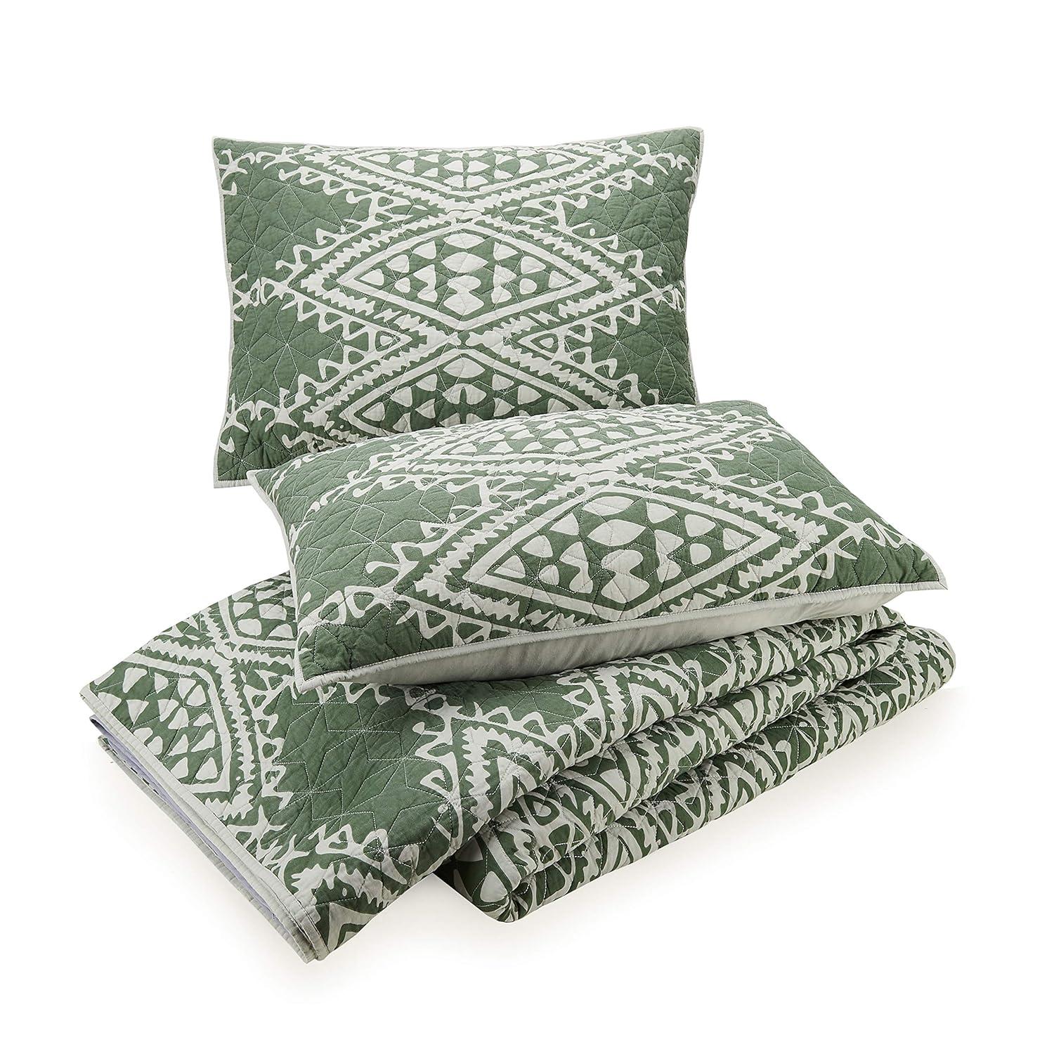 Jungalow Aisha 100% Cotton Reversible Quilt Set – Sage Green Global-Inspired Boho Bedding