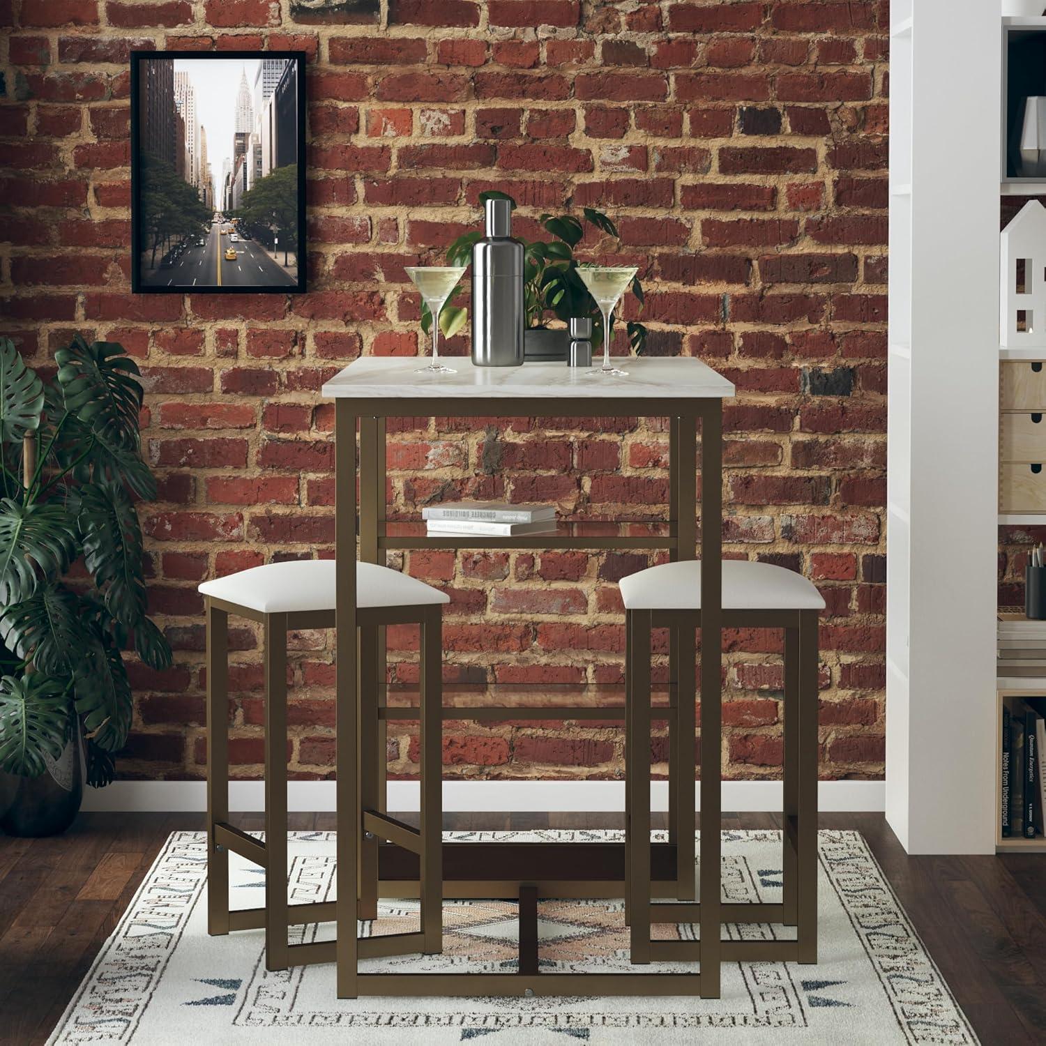 DHP Tanner 3-Piece Brass Counter Height Set with Faux Marble Top, White