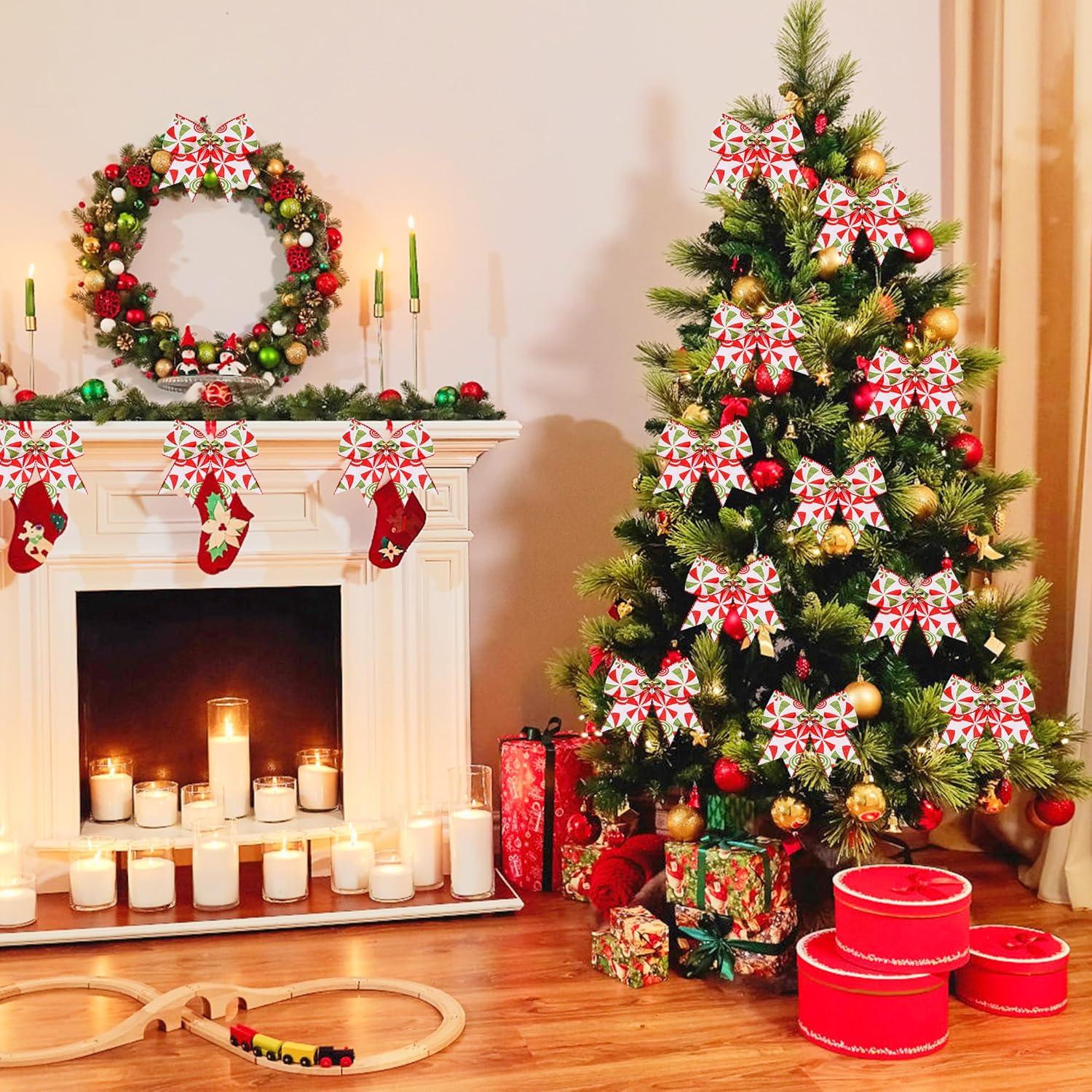 Sandistore Cute Cars 12pcs Christmas Tree Bows Ornaments 6 Inch Large Christmas Wreath Bows Red Green Xmas Tree Bows Christmas Glitter Dot Bows Ribbons Decoration For Garland Diamonds for Crafts