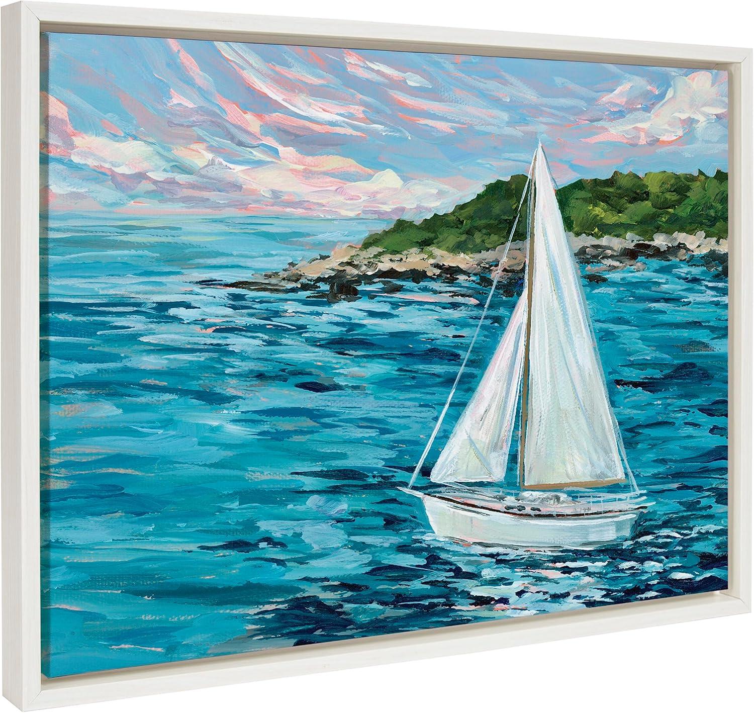 Martha's Vineyard Ocean Sailboat Canvas Wall Art in White Frame