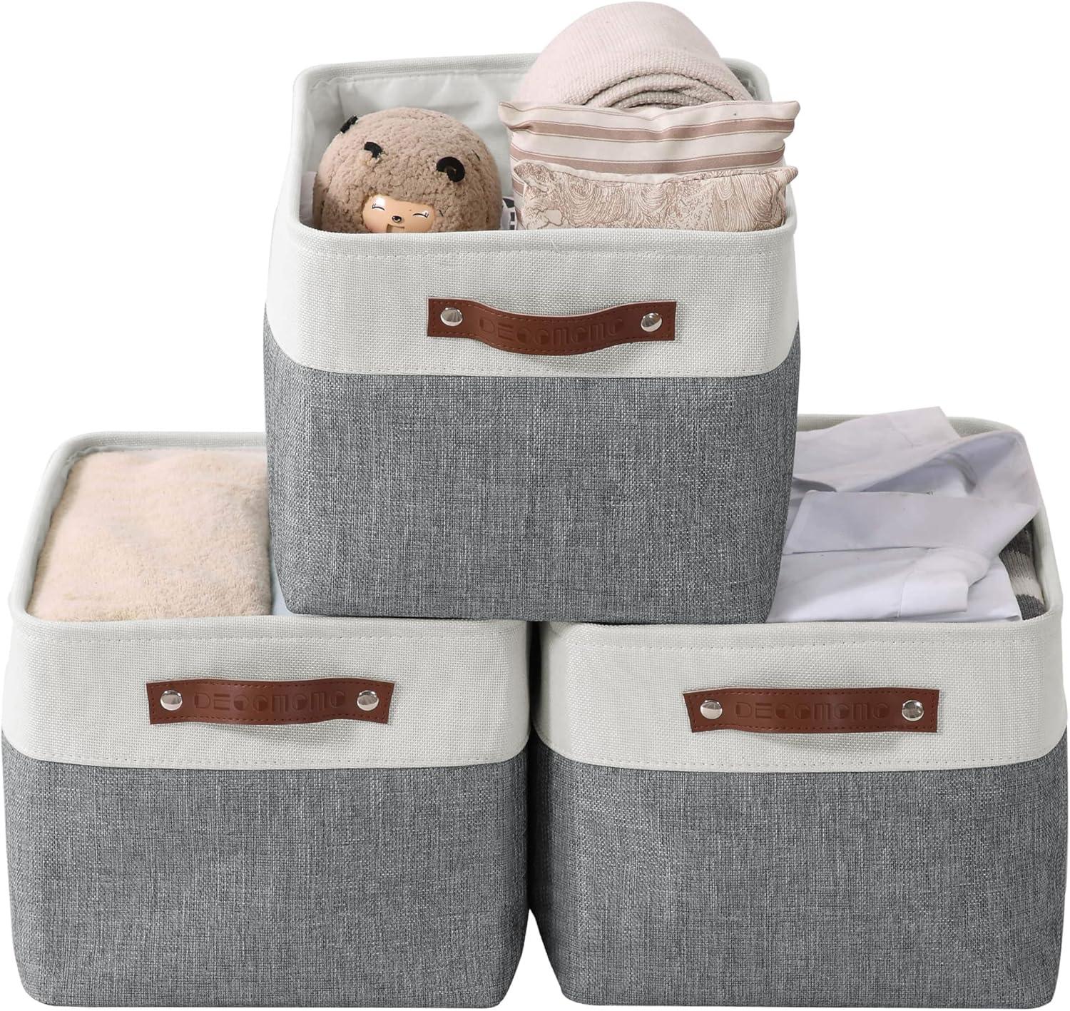 Large Slate Gray and White Fabric Storage Bins with Faux Leather Handles