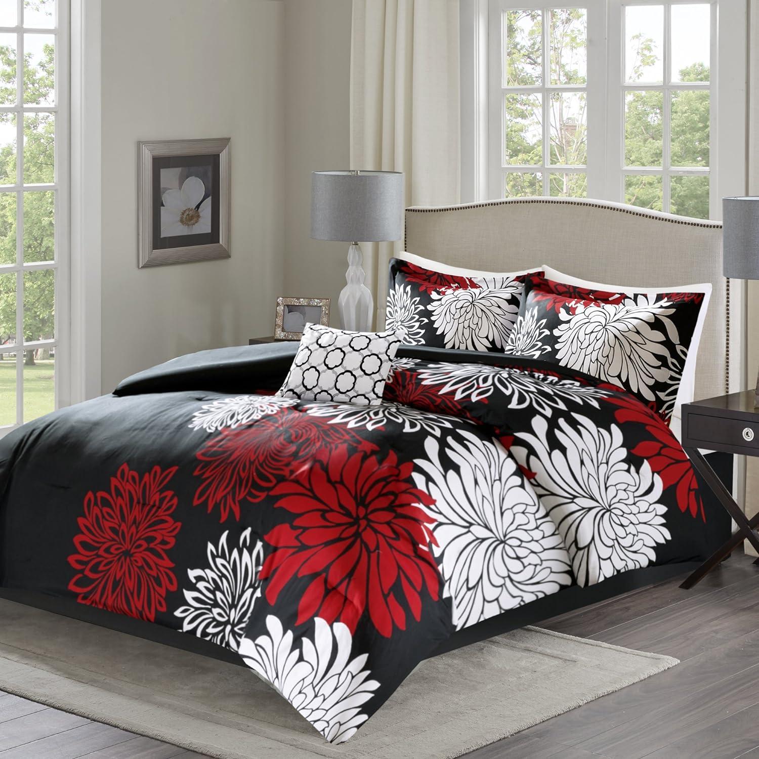 Comfort Spaces Queen Size Comforter Set, 5-Piece Floral Bedding Set for All Season, Red/Black Queen Comforter Set with Bed Skirt