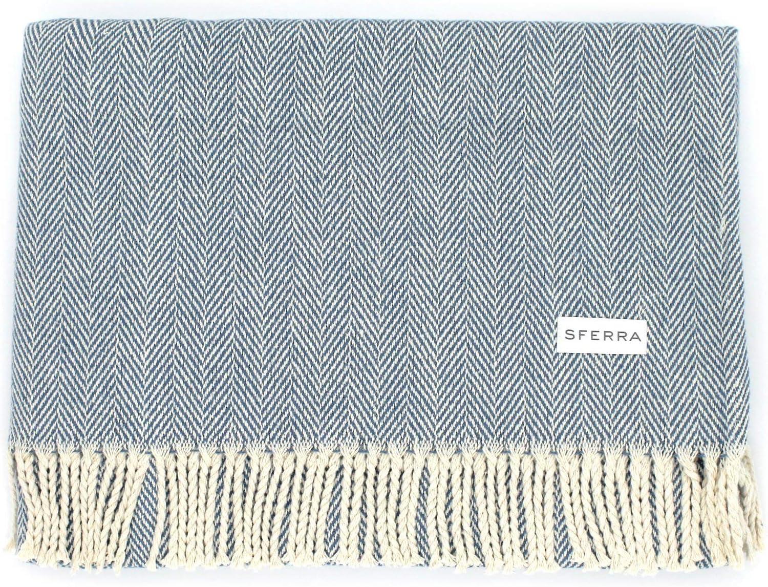 Rustic Cadet Cotton Herringbone Throw with Fringe