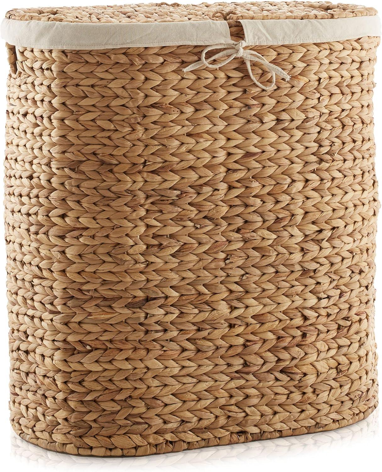 Casafield Oval Laundry Hamper with Lids and Removable Liner Bags - Natural, Woven Water Hyacinth 2-Section Laundry Basket for Clothes and Towels