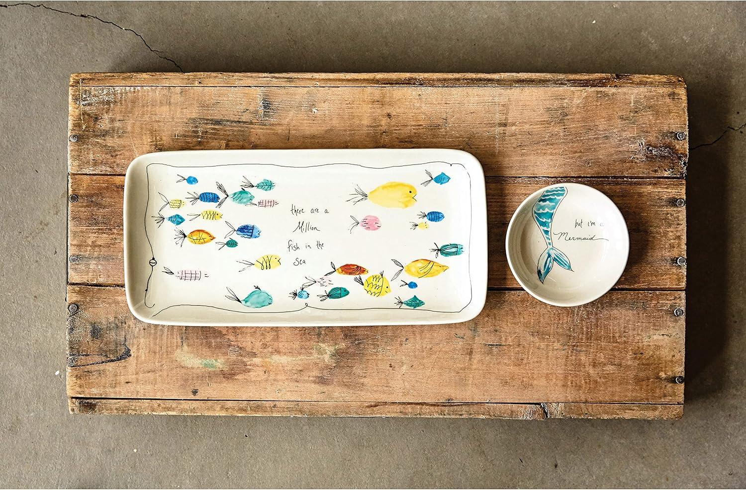 Storied Home Stoneware Plate & Small Round Dish with Fish Print White 2pc: Nautical Coastal Beach Style, Dishwasher-Safe