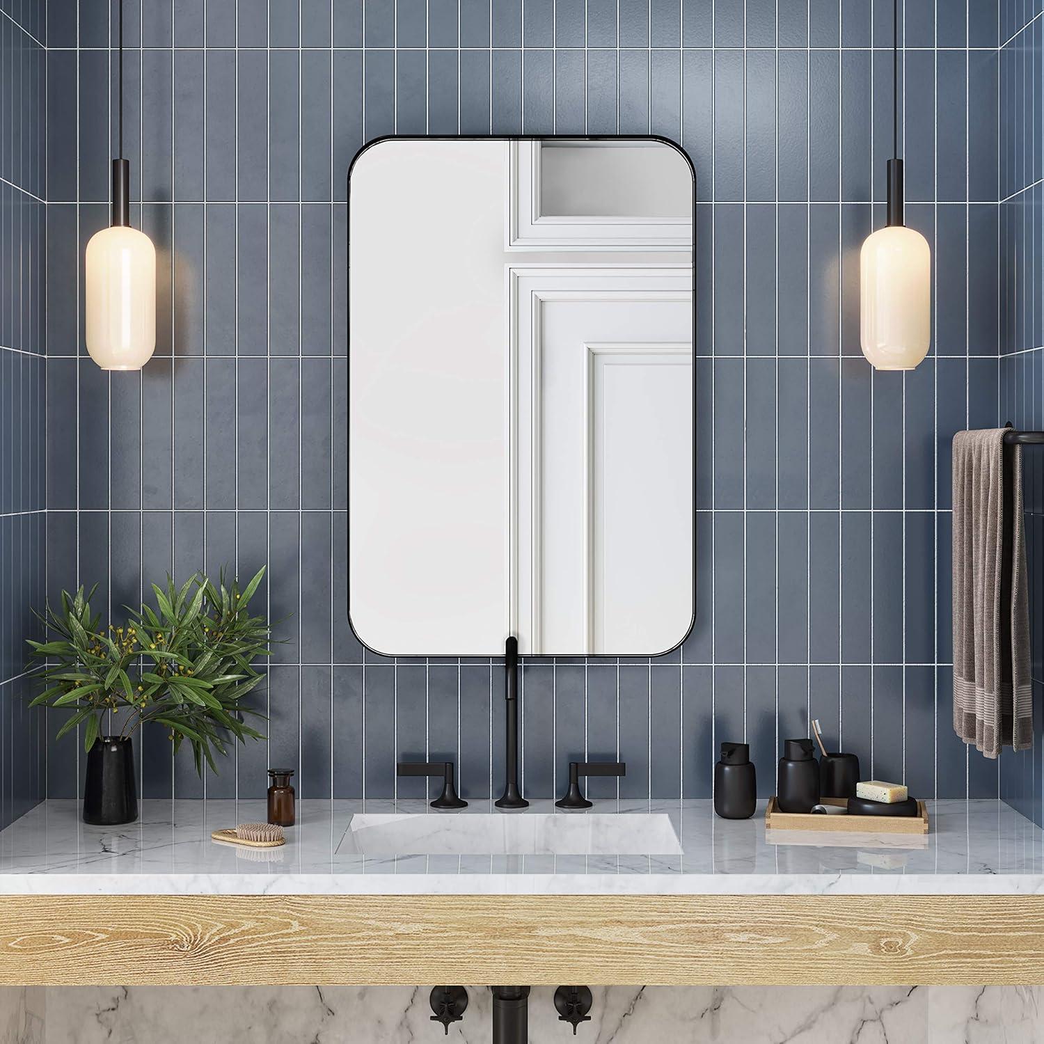 Better Bevel 20" x 30" Black Metal Framed Mirror | Rectangle Bathroom Wall Mirror | Rounded Corner
