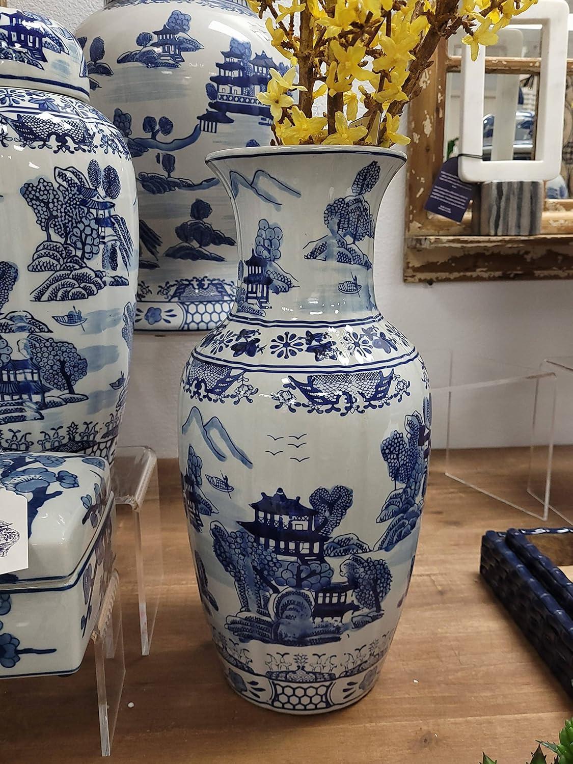 18" Blue and White Ceramic Chinoiserie Vase