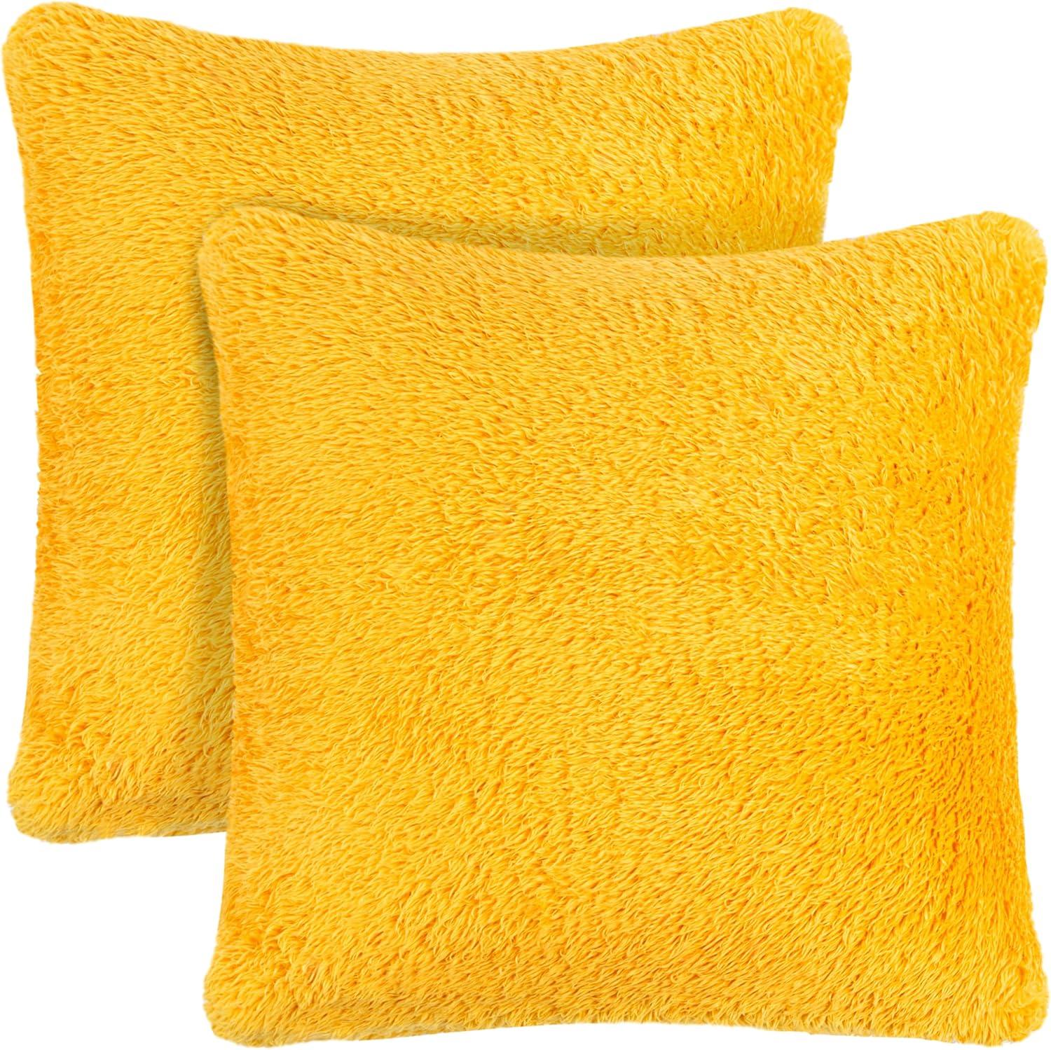 PAVILIA Set of 2 Fluffy Throw Pillow Covers, Decorative Faux Shearling Fur Square Cushion Accent for Bed Sofa Couch, Yellow/20 x 20
