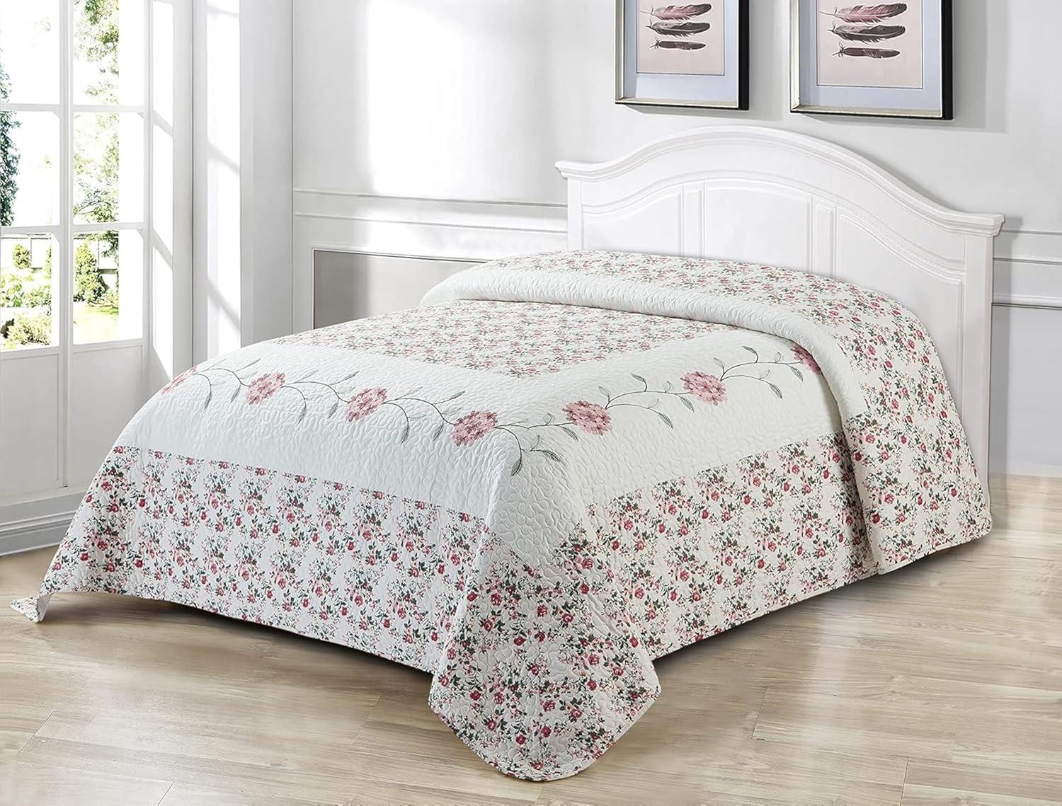 Rose Floral Embroidered Microfiber Full Bedspread