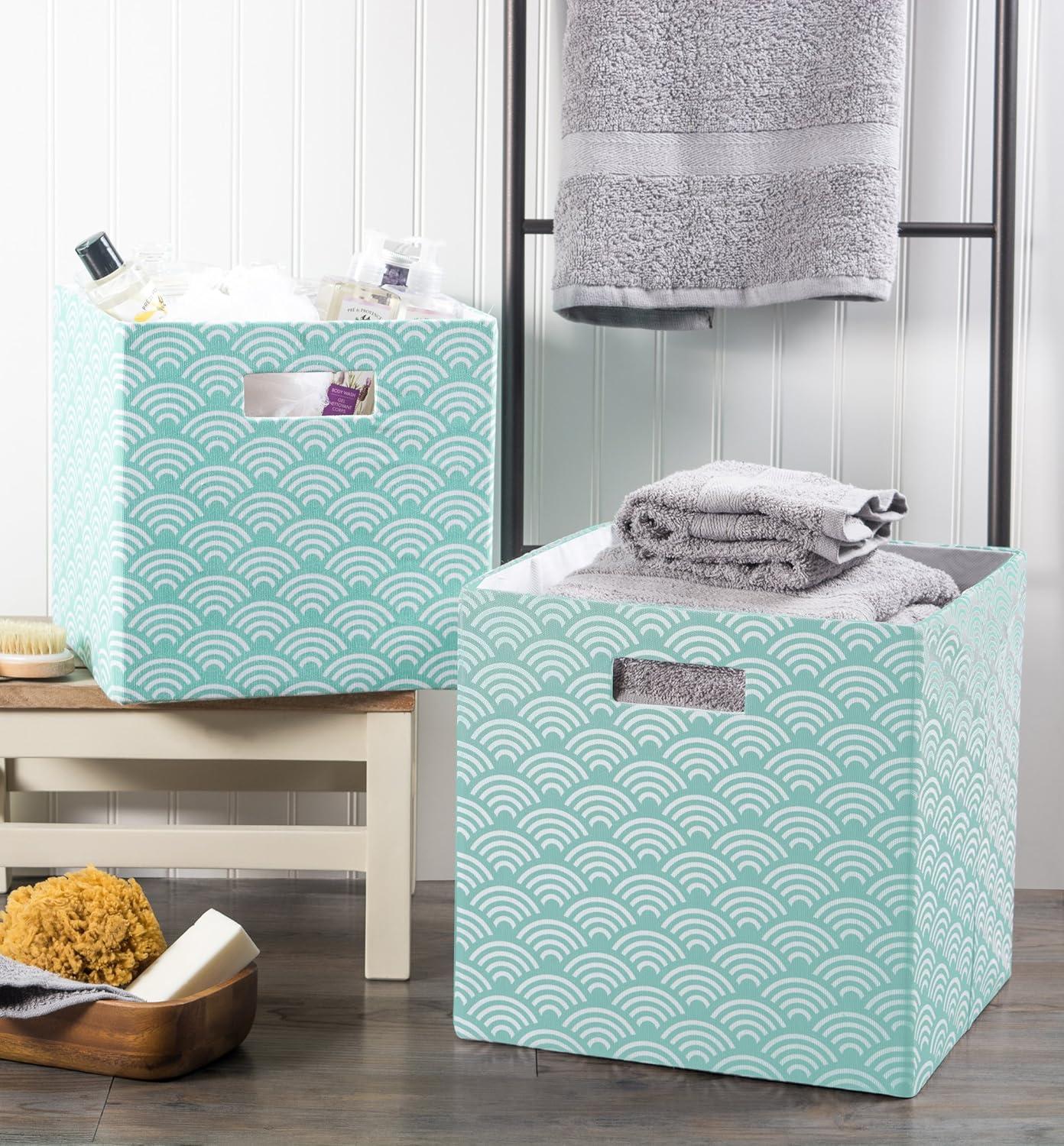 Contemporary Home Living Aqua Blue Polyester Cube Storage Bin with Waves Design 13"