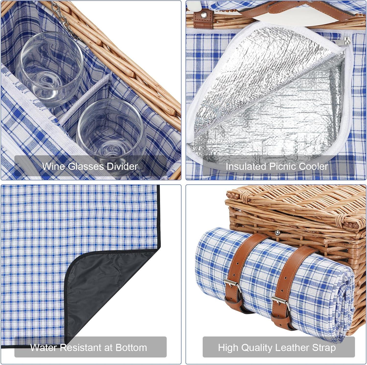 Wicker Picnic Basket Set for 2 Persons with Waterproof Picnic Blanket and Large Insulated Cooler Compartment, Willow Picnic Hamper Basket with Cutlery Service Kits for Camping, Wedding (Red)