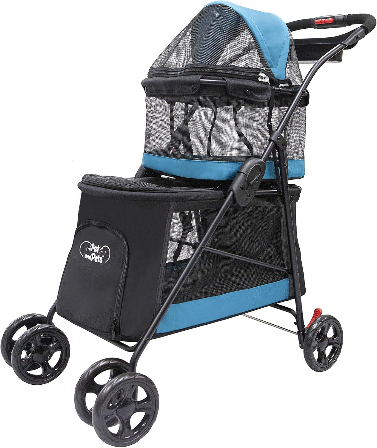 Teal Double Decker Pet Stroller with Mesh Windows