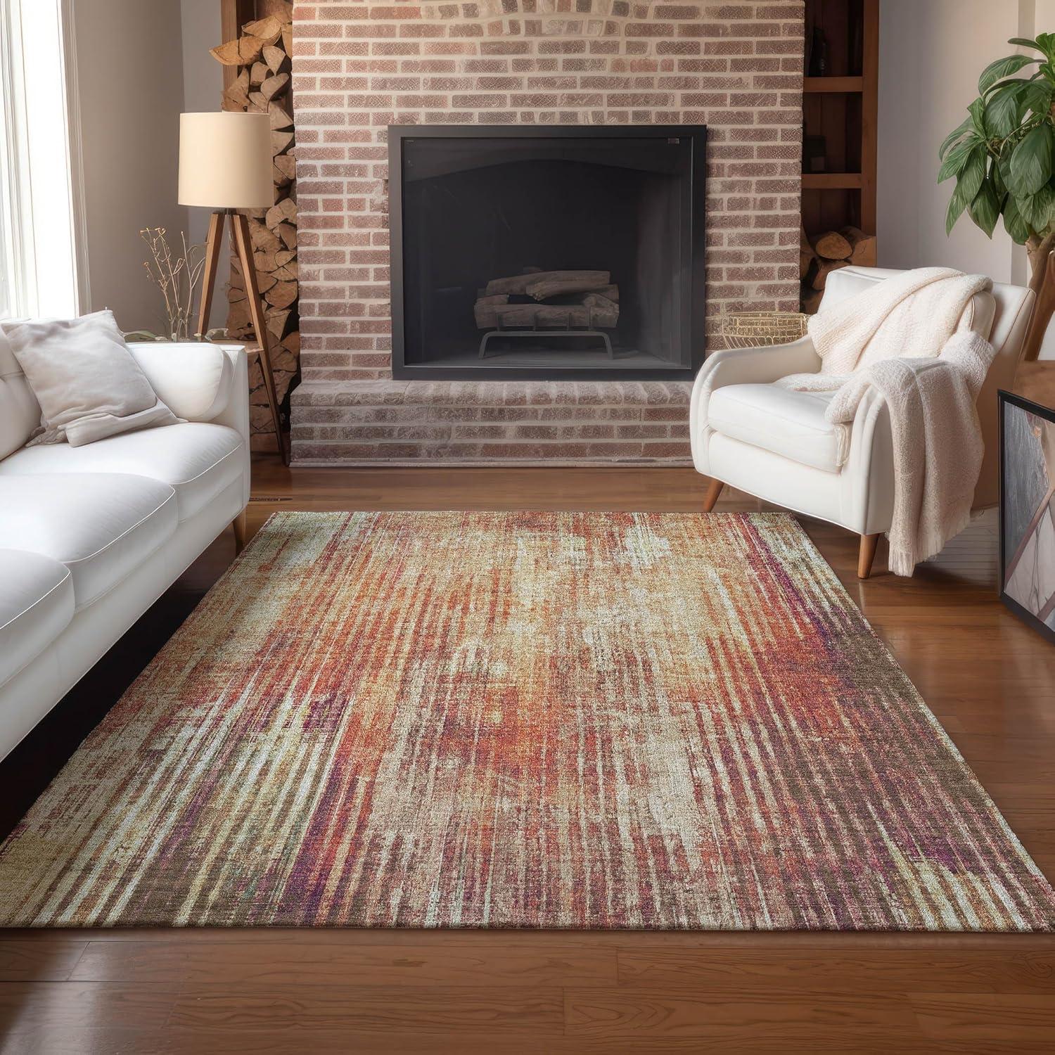 Paprika and Beige Striped Synthetic Washable Area Rug 3' x 5'