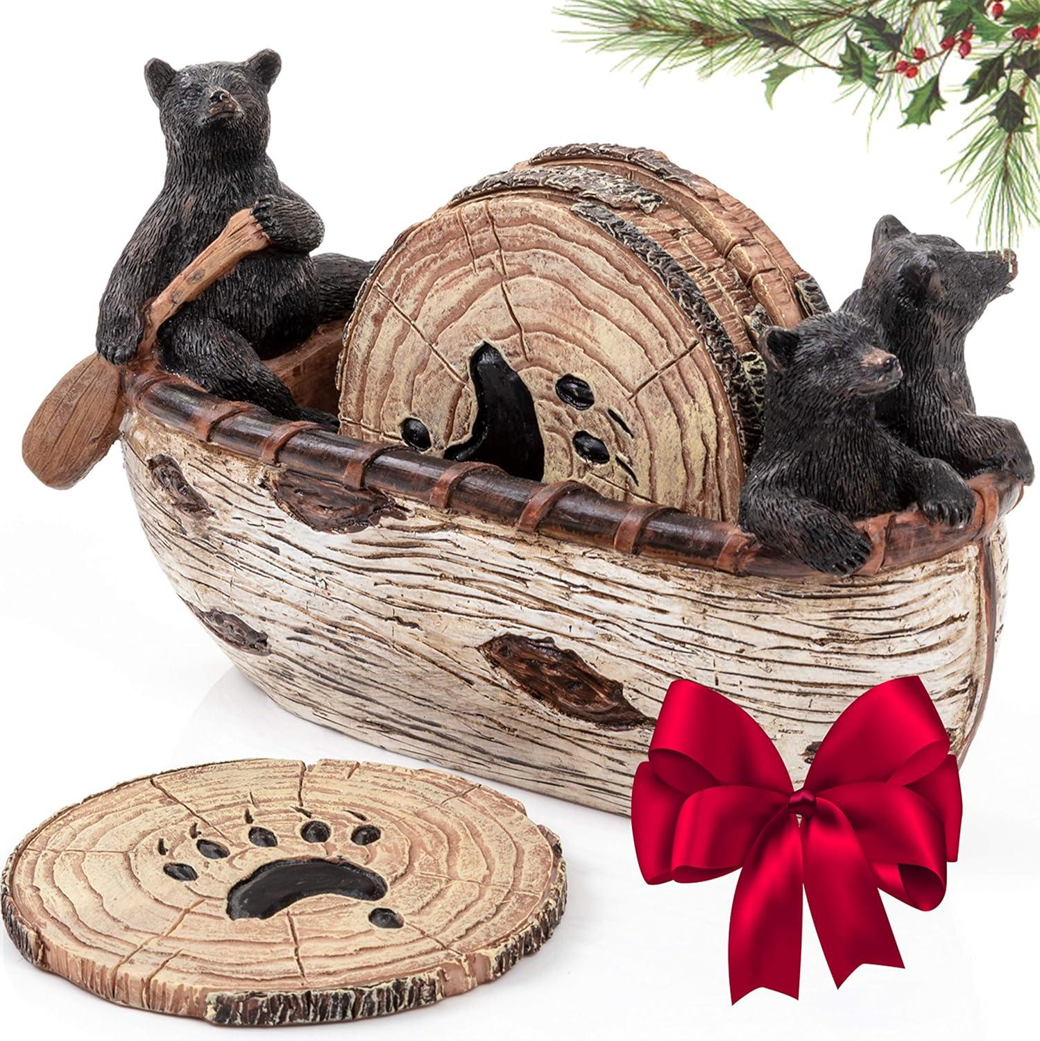 Handcrafted Rustic Bear Canoe Coaster Set with Figurines