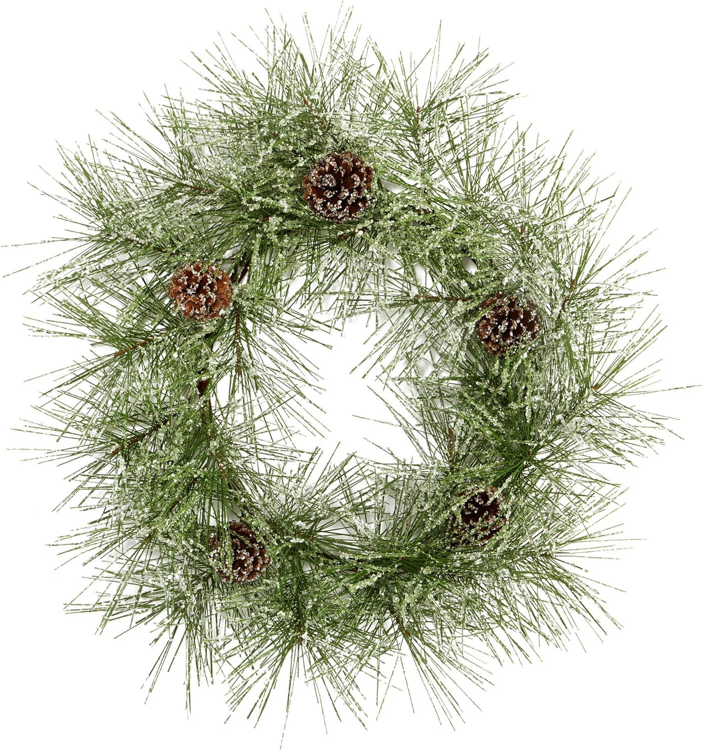 Nearly Natural 24” Iced Pine Artificial Wreath with Pine Cones