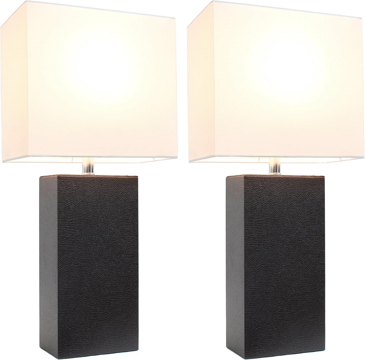 Elegant Designs Set of 2 Leather Table Lamps with Fabric Shades Espresso Brown: UL Listed, Cotton Shade, Metal Body, No Assembly Required