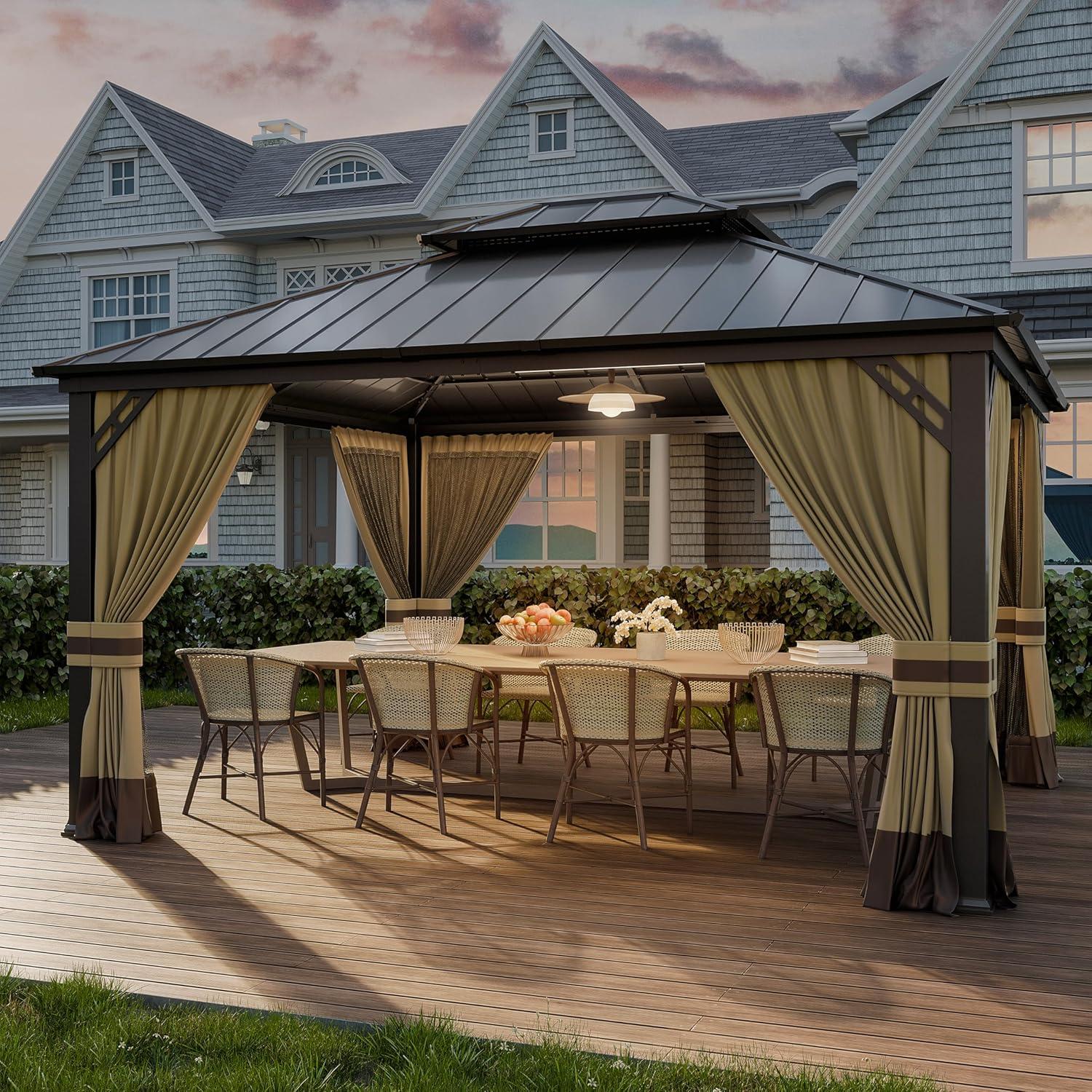 10 ft. x 12 ft. Brown Hardtop Wall Mounted Gazebo with Sloping Pitched Roof and Curtain Sand