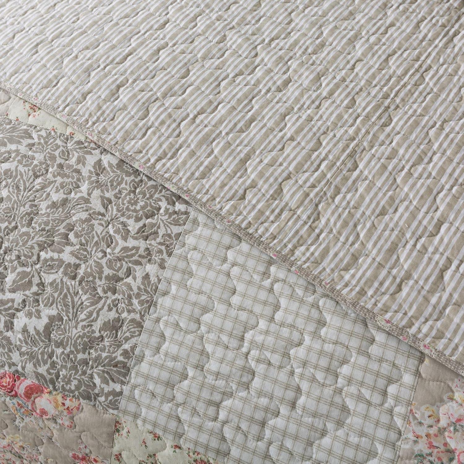 SLPR Walk in The Cotswolds Patchwork Cotton Pieced Quilt Set - Queen Size with 2 Shams, Neutral Floral & Cream Cottage Quilted Bedspread, French Country Farmhouse Bedding for All Seasons