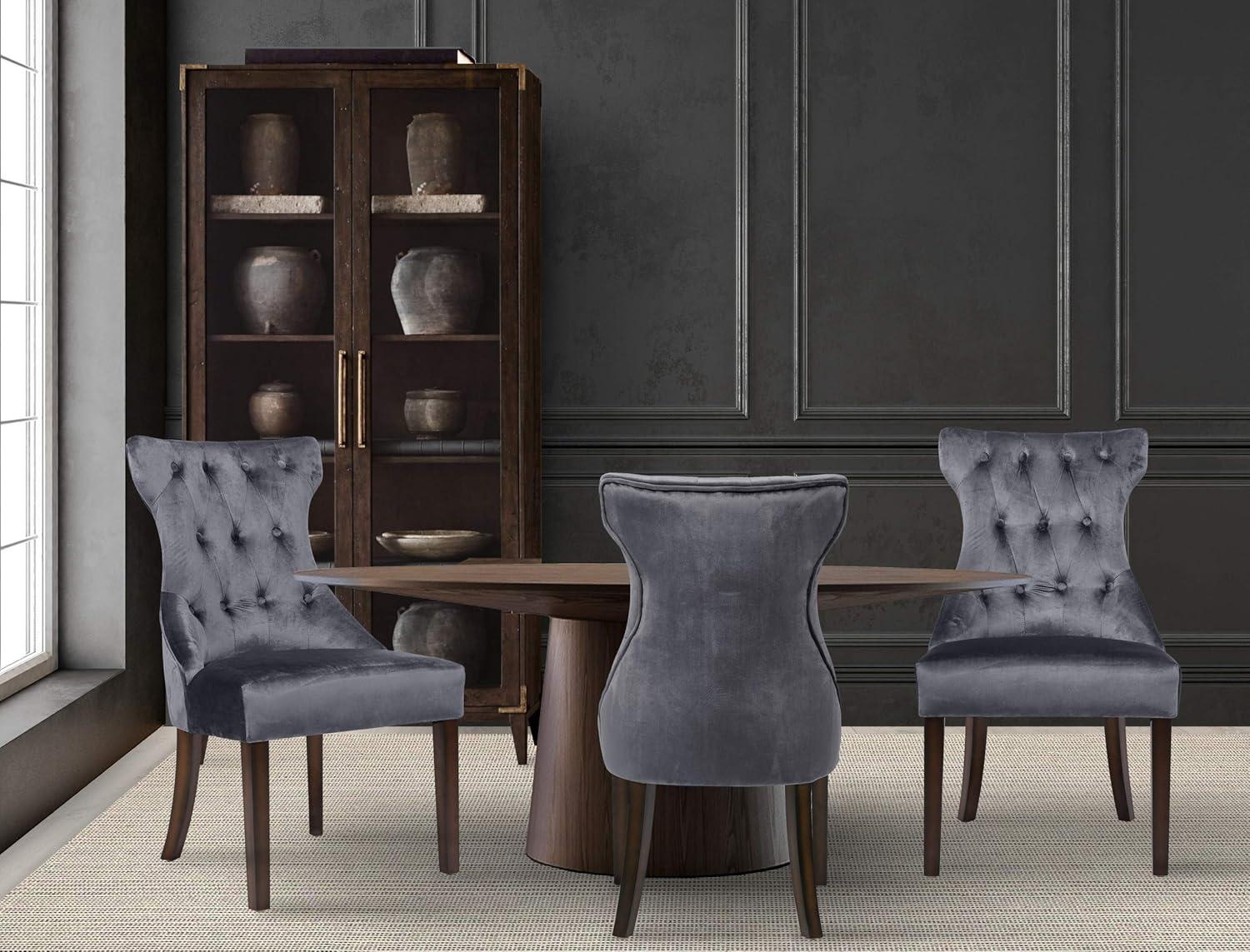 Dickens Dining Side Chair Button Tufted Velvet Espresso Wood Legs Modern Contemporary, Grey, Set of 2