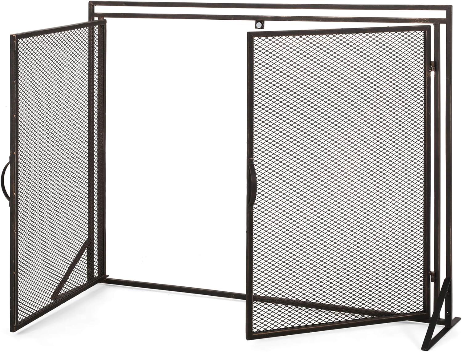 Industrial Black Brushed Gold Iron Mesh Fireplace Screen with Doors