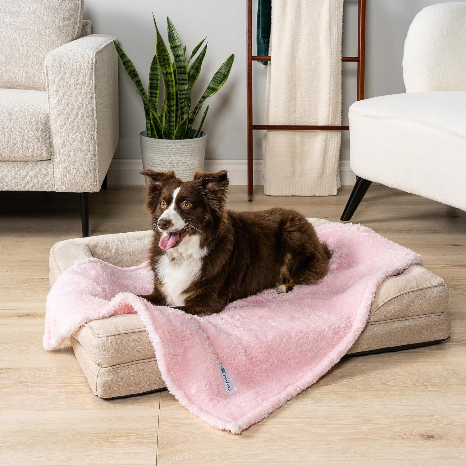 PetAmi Fluffy Dog Blanket for Pet Cat Puppy Kitten, Faux Shearling Soft Fleece Throw, Plush Reversible Washable Couch Cover