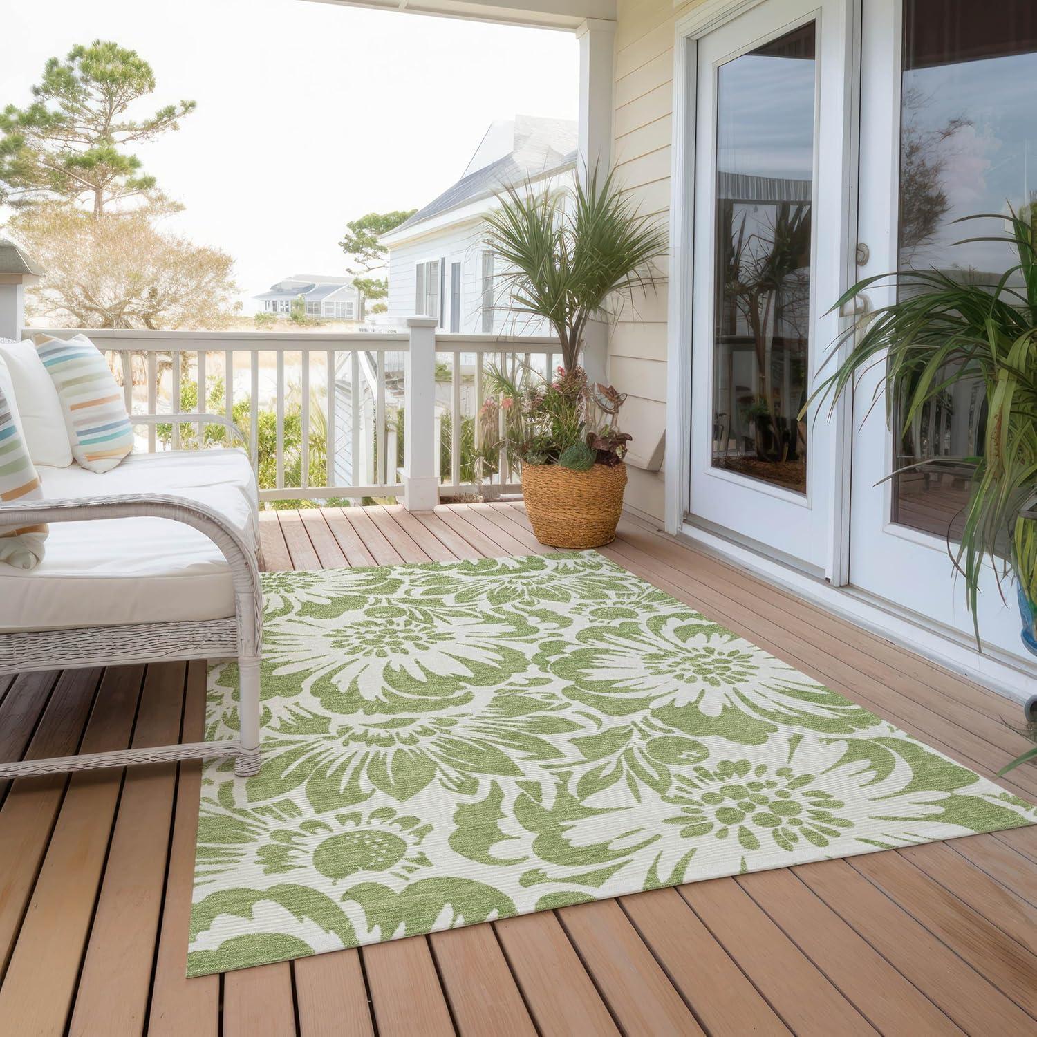 Aloe Green Floral Synthetic Washable 3' x 5' Area Rug