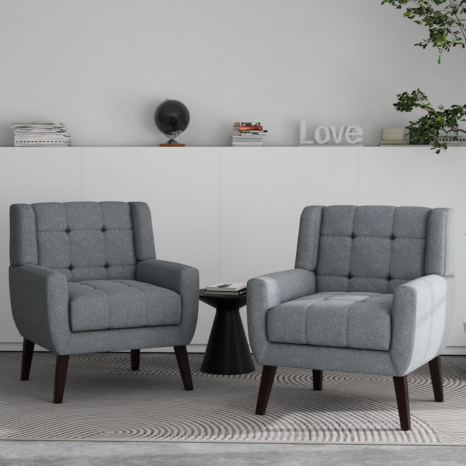 Gray Tufted Faux Leather Armchairs with Wooden Legs, Set of 2