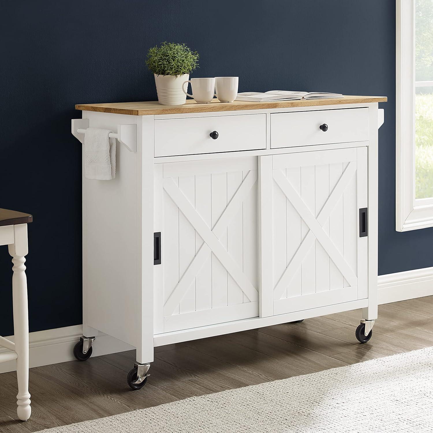 Laurel Kitchen Island/Cart White/Natural - Crosley: Farmhouse Style, Towel Bar, Adjustable Shelf