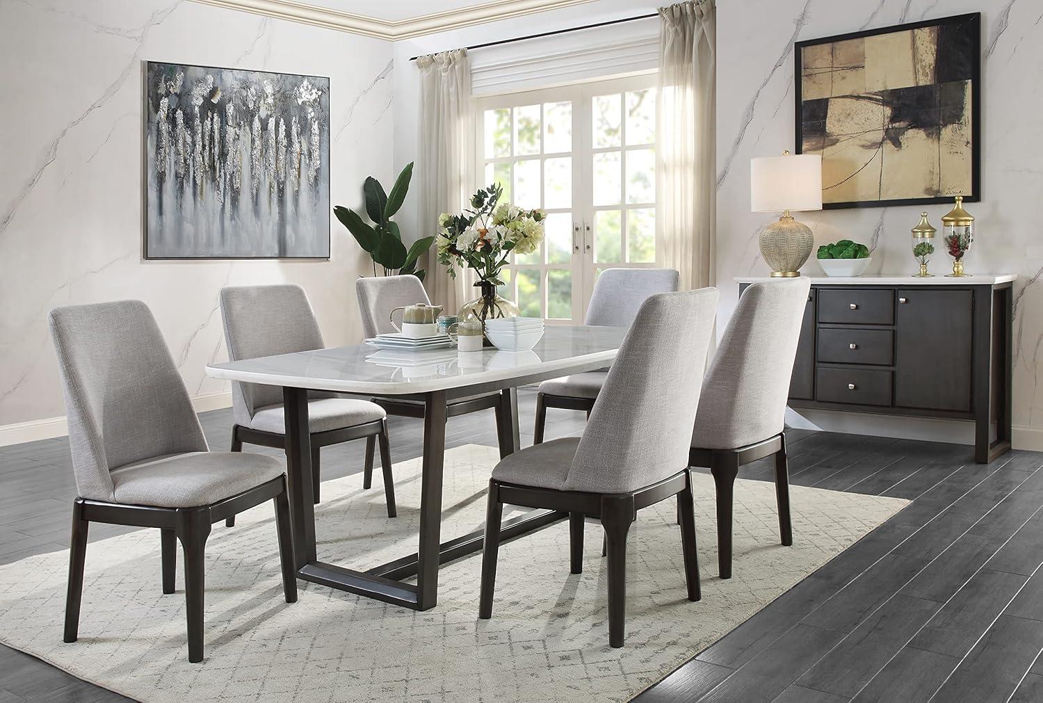 Transitional Weathered Gray Wood & Marble Rectangular Dining Table