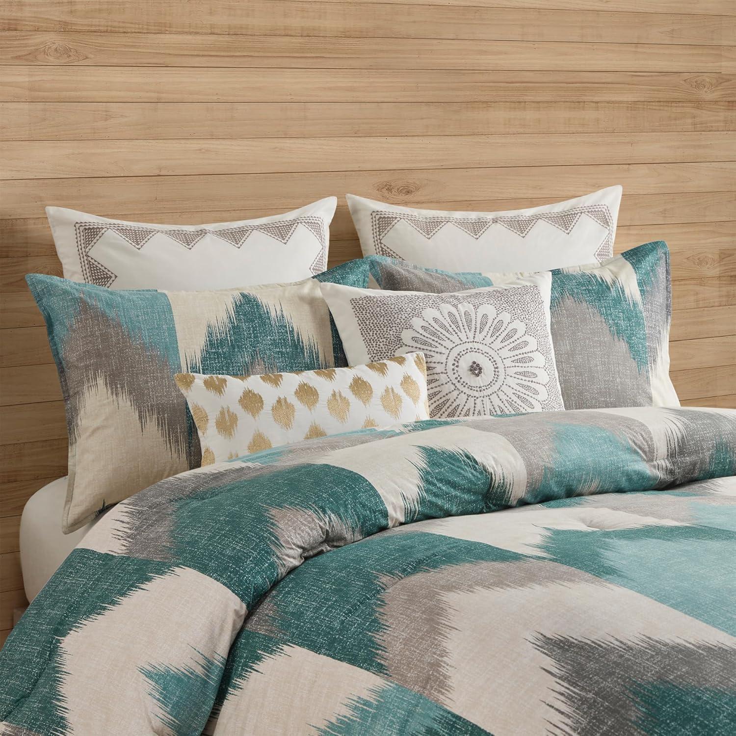 King Aqua Cotton Reversible Ikat Chevron Comforter Set