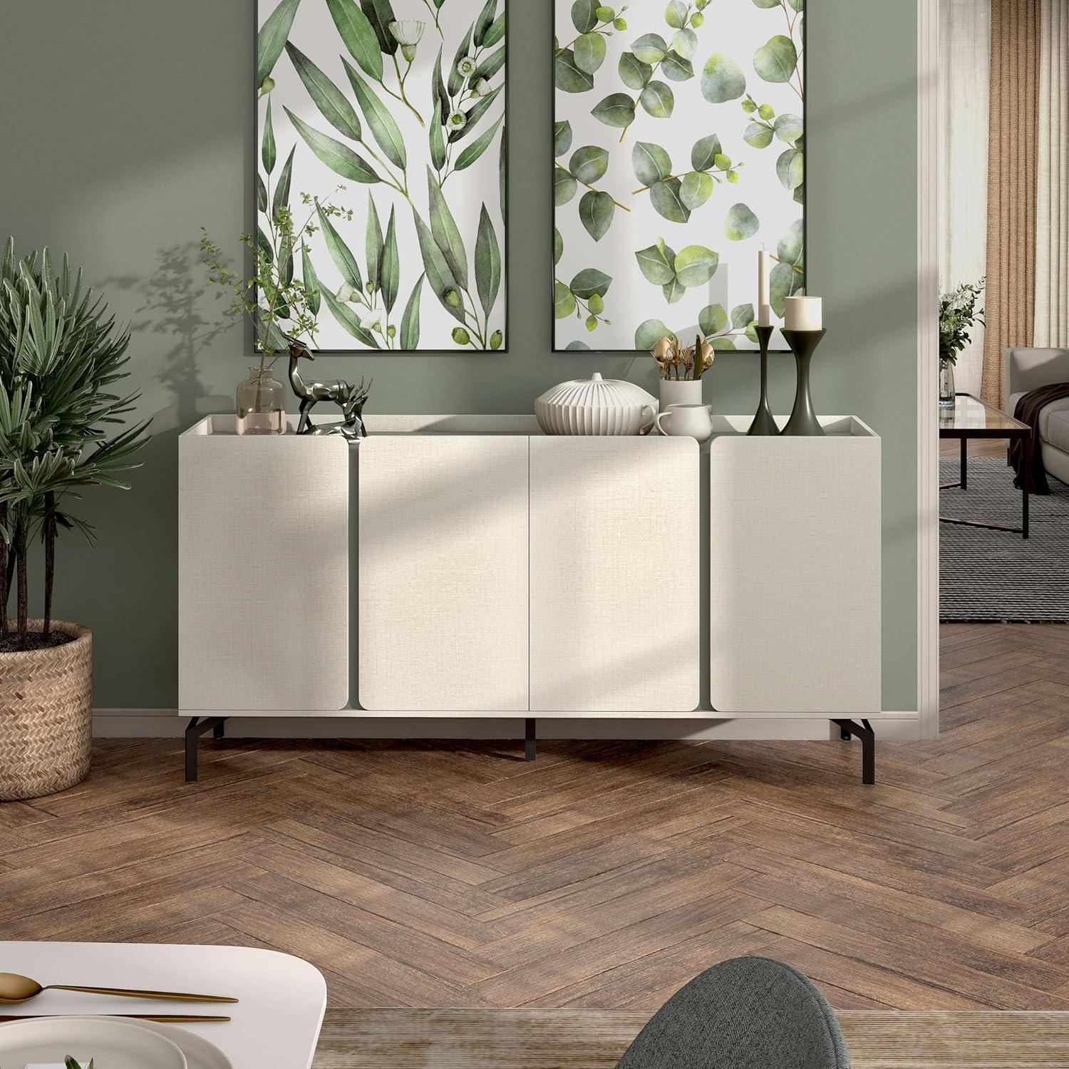 24/7 Shop at Home Elwin 60" Modern Sideboard Buffet, Storage Cabinet with Doors and Adjustable Shelves for Dining, Living Room, Kitchen, Entryway, Office, Cream Weave & Sage Green