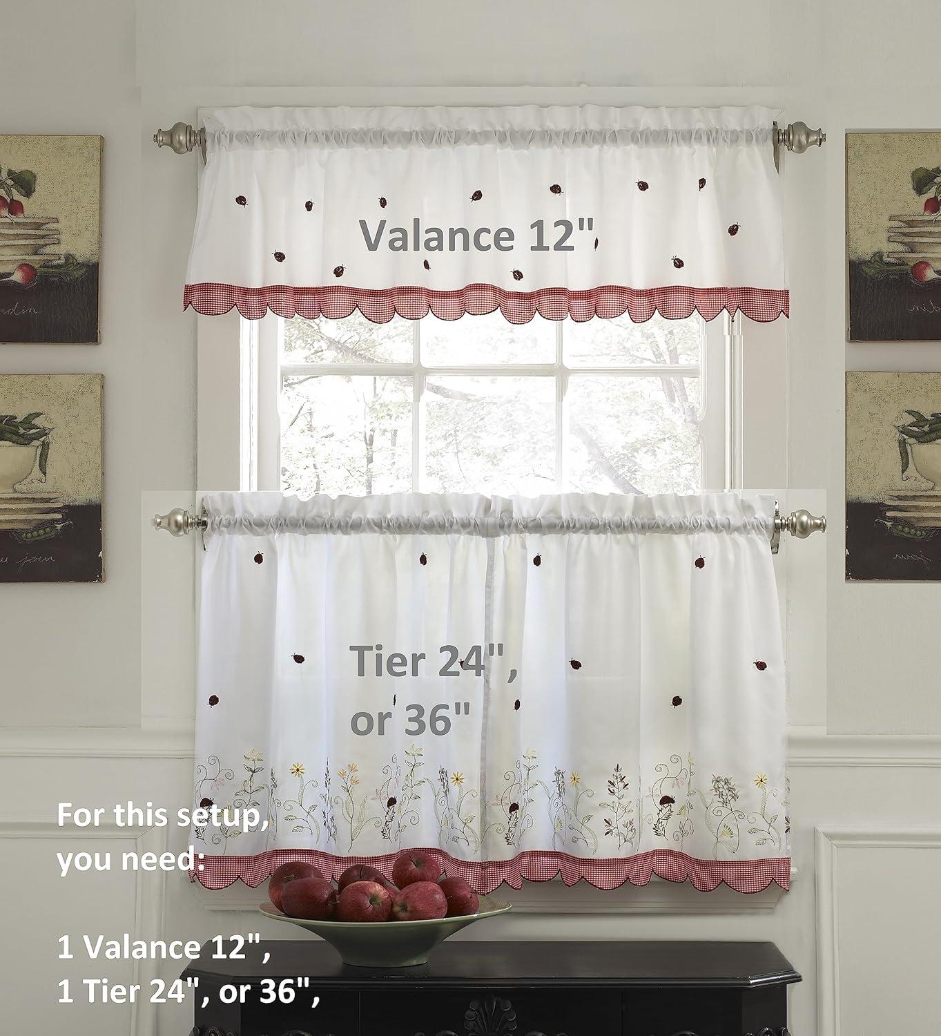 White and Red Floral Ladybug Rod Pocket Valance