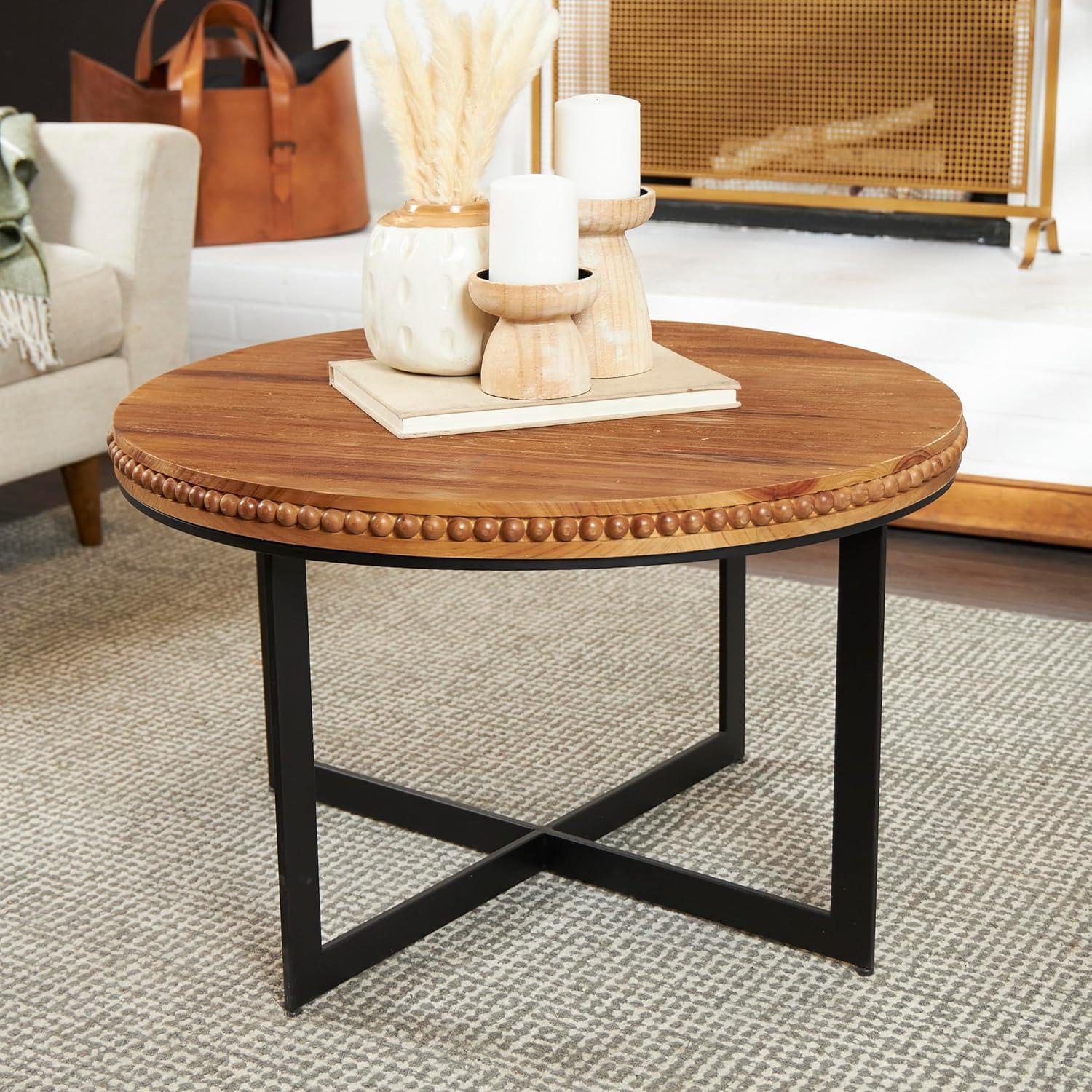 Beaded Edge Brown Wood Round Coffee Table with Metal Accents