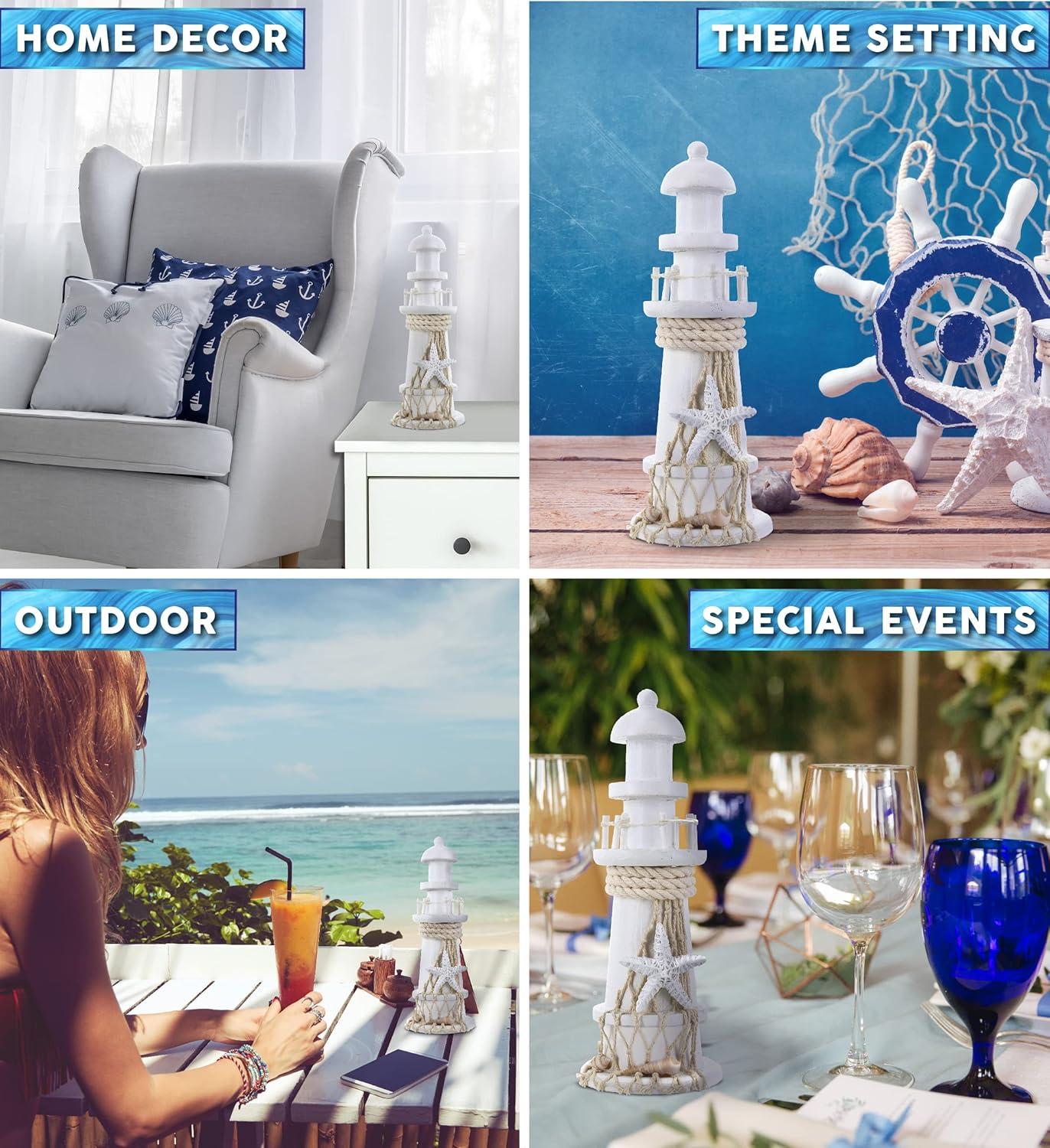 Handcrafted White Wooden Lighthouse Figurine with Starfish Decor