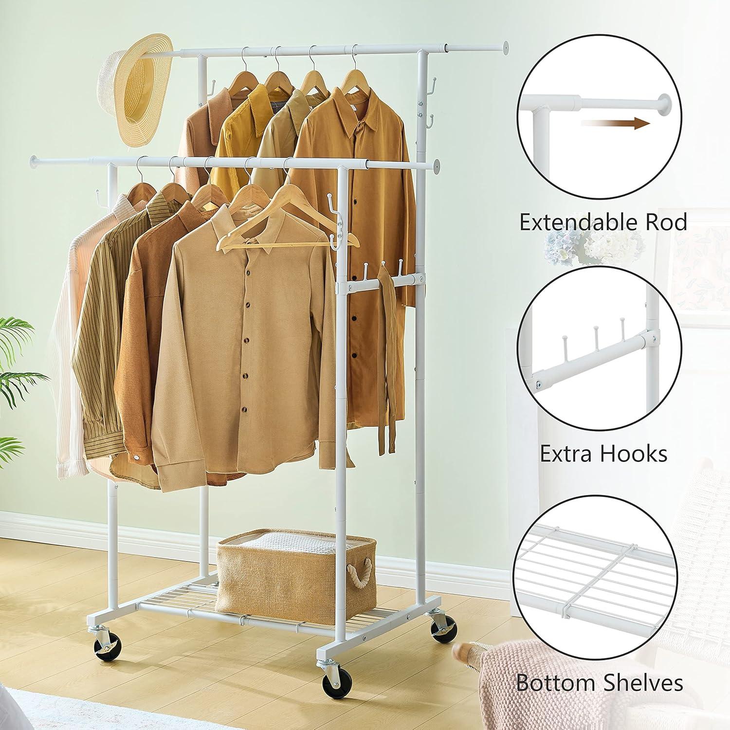 Double Rod Garment Rack, Heavy Duty Clothes Rack with Wheels For Hanging Clothes, Portable Metal Clothing Rack with 10 Hooks and Shelves,White, 64.2in Chrome