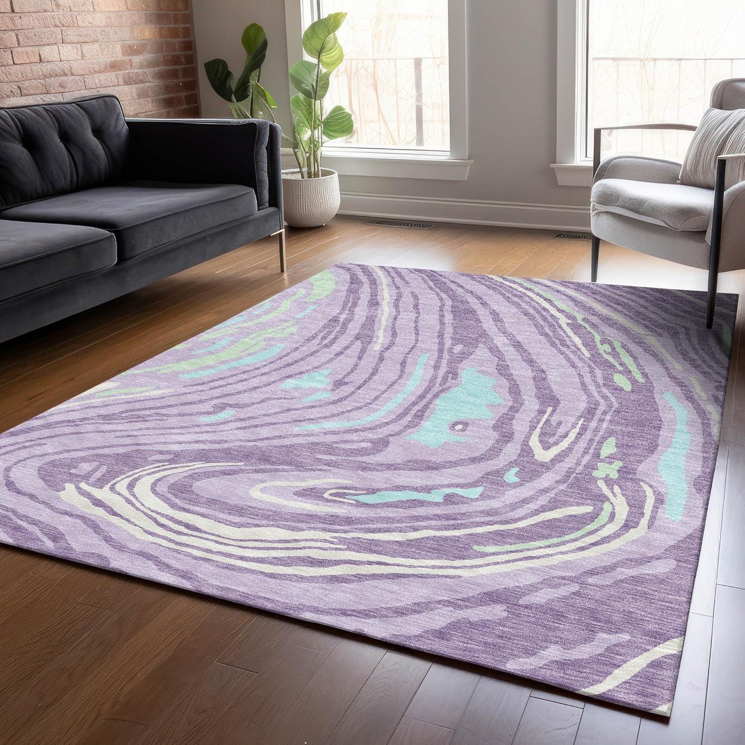 Lavender and Aqua Flat Woven Washable Synthetic Area Rug 5' x 7'