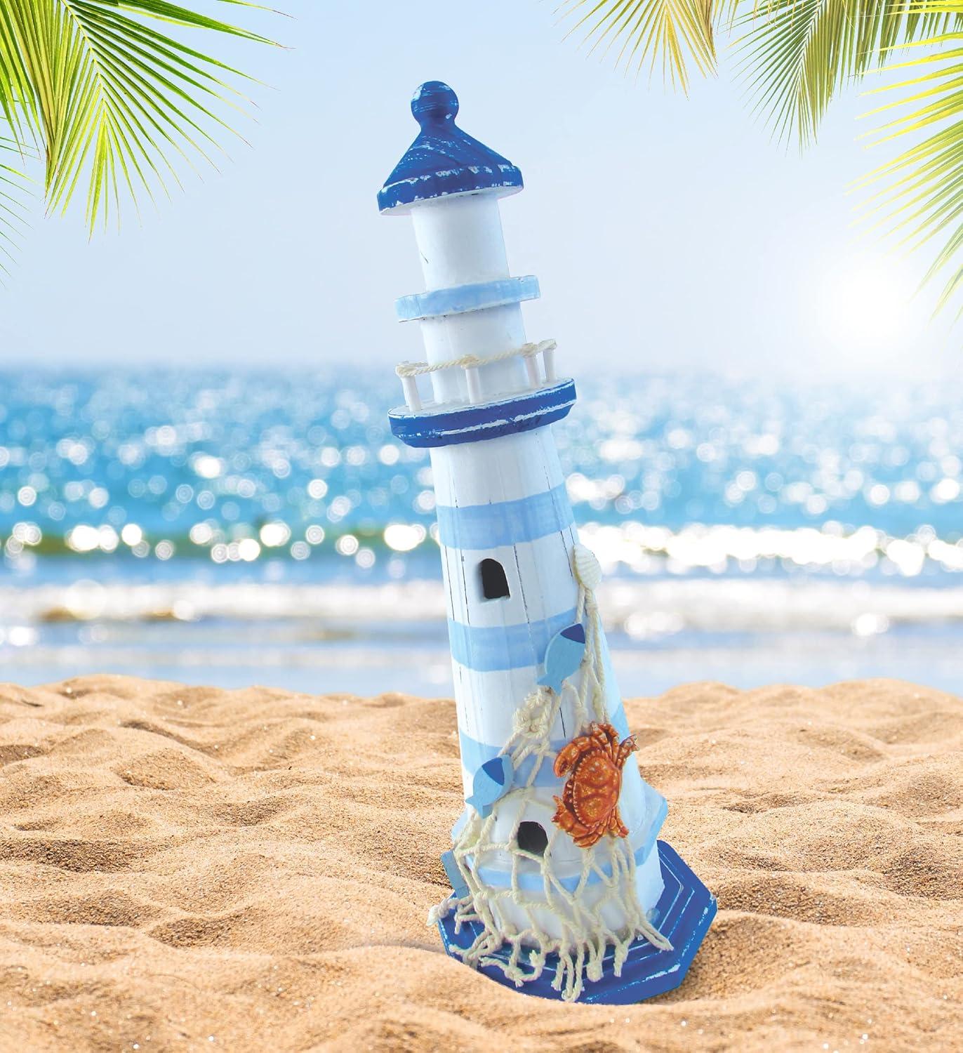 Handcrafted Light Blue and White Wooden Lighthouse Figurine with Crab