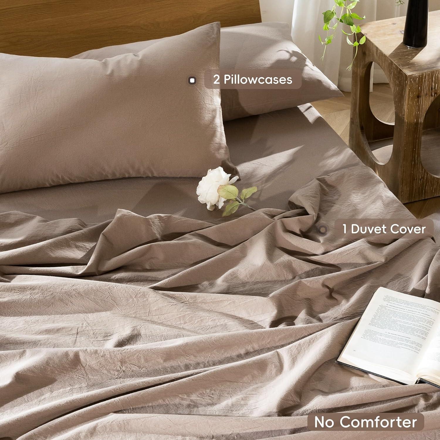 MooMee Washed Cotton Duvet Cover Set Linen Like Textured Breathable 3-Piece (Mocha Brown, Queen)