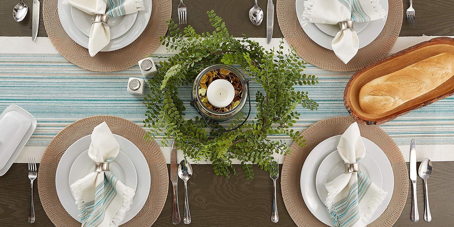 DII 14x72" Modern Cotton Striped Fringed Table Runner in Teal Blue