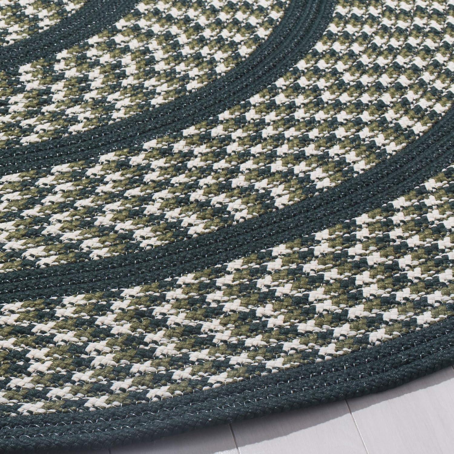 Ivory and Dark Green Braided 59'' Round Synthetic Area Rug