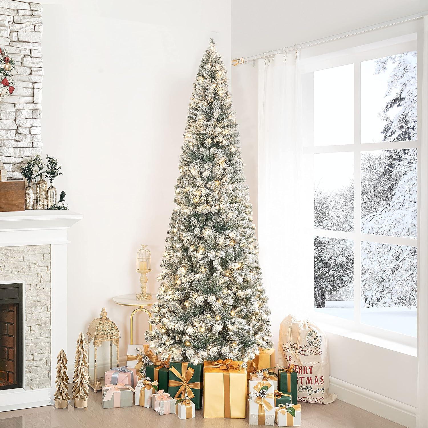 Salzburg 7.5ft Frosted Prelit Slim Artificial Christmas Tree with 1102 Branch Tips, 350 Warm Lights and Metal Stand, 34" wide Realistic Snow Flocked Skinny Pencil Christmas Tree by Naomi Home