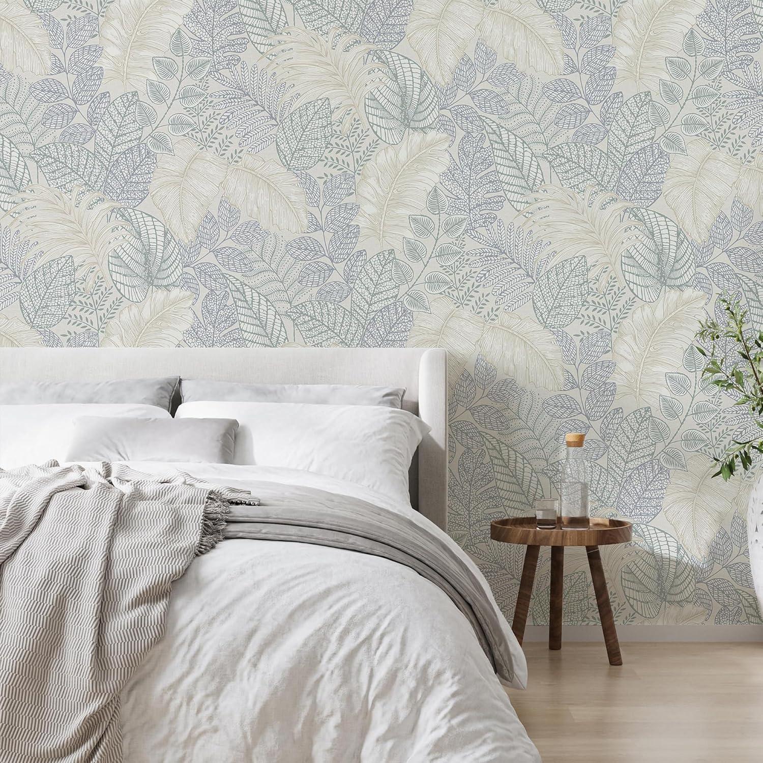 Scattered Leaves Blue and Beige Metallic Wallpaper