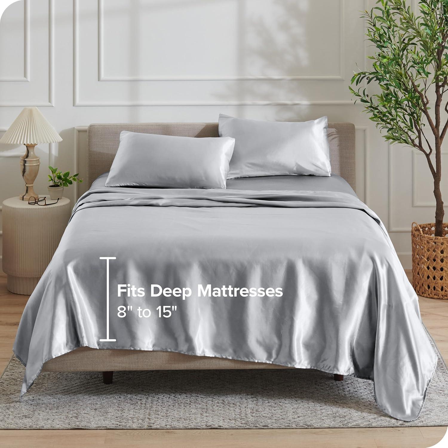 Bare Home Queen Poly Satin Sheet Set - Luxury Soft and Smooth Satin - for Hair and Skin - Breathable - Similar to Silk - Deep Pocket up to 15” - Bedding Sheet Set (Queen, Silver)