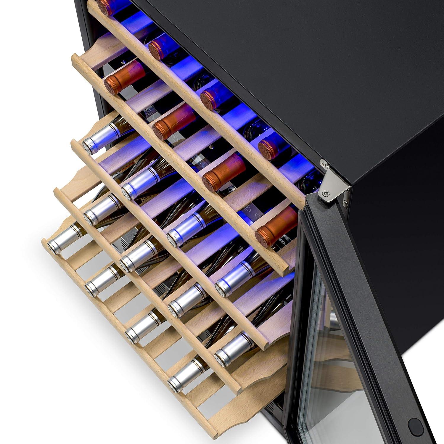 Newair 24” Built-in 46 Bottle Dual Zone Wine Cooler with Removable Beechwood Shelves in Black Stainless Steel
