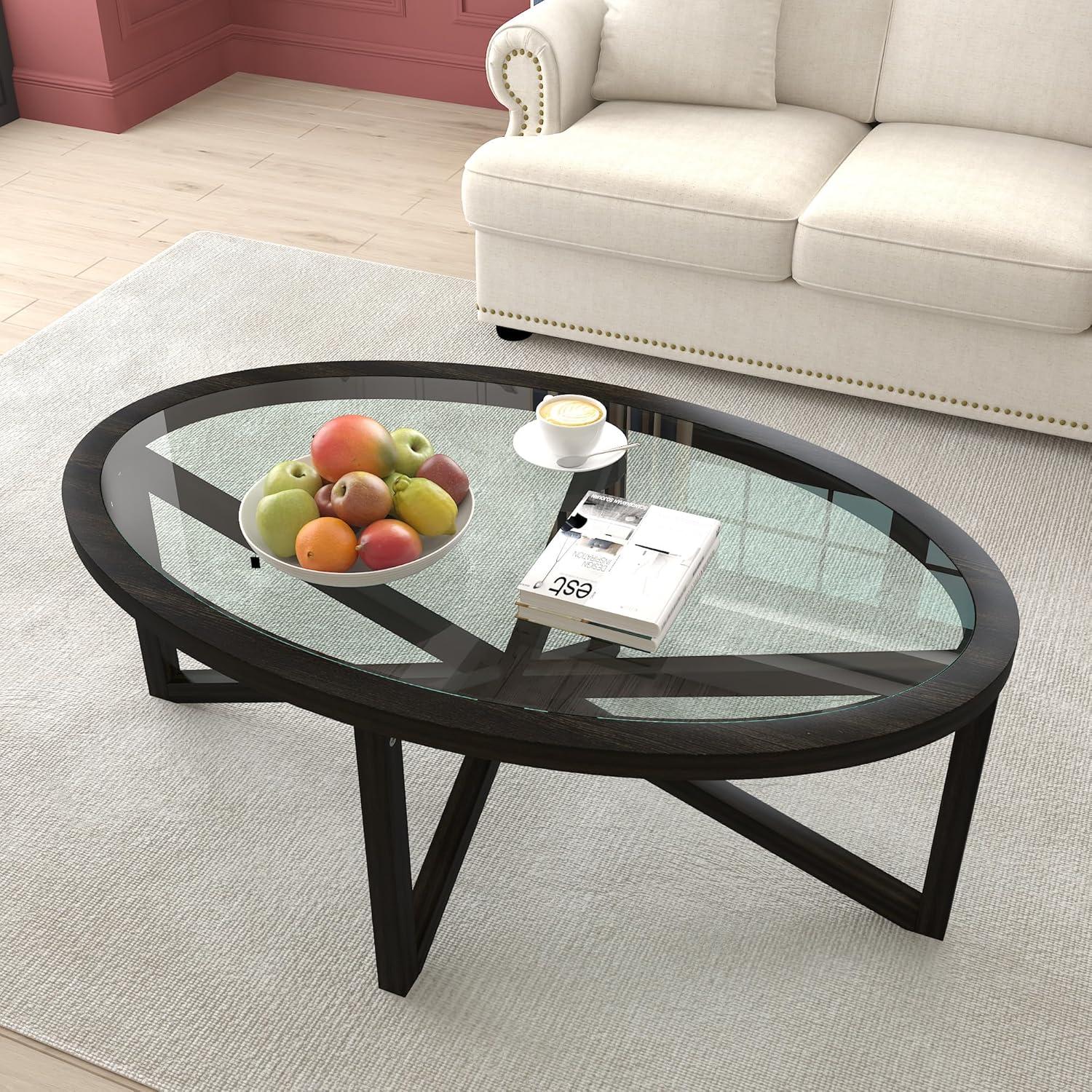 Black Oval Tempered Glass Coffee Table with Solid Wood Base