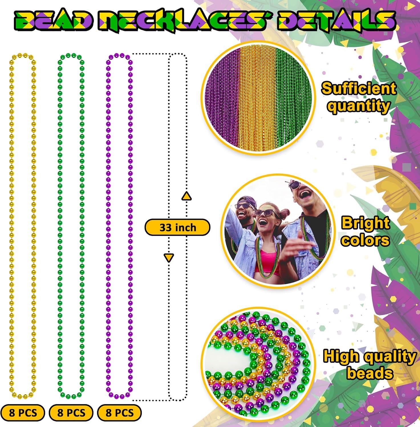 4E's Novelty 24 Pack Purple Green Gold Beads Necklaces, Mardi Gras Beads Bulk Party Supplies Festival Parade Throws Dress Up accessories